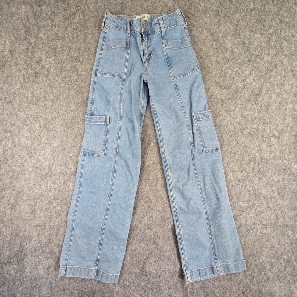 Abercrombie Kids Jeans Girls 11/12 Long Light Blue High Rise Wide Leg Cargo